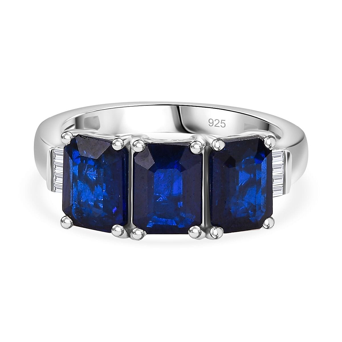 Premium Vietnamese Cobalt Blue Spinel & White Diamond 3 Stone Ring in Rhodium Overlay Sterling Silver 3.37 Ct.