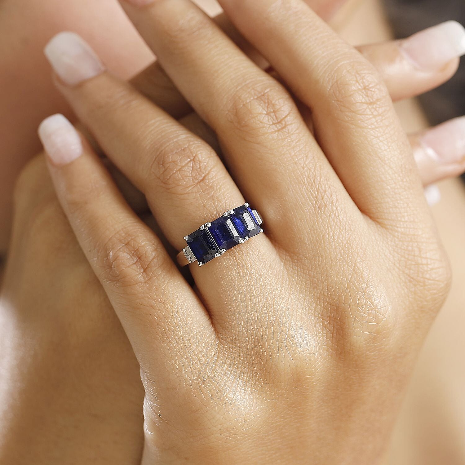 Premium Vietnamese Cobalt Blue Spinel & White Diamond 3 Stone Ring in Rhodium Overlay Sterling Silver 3.37 Ct.