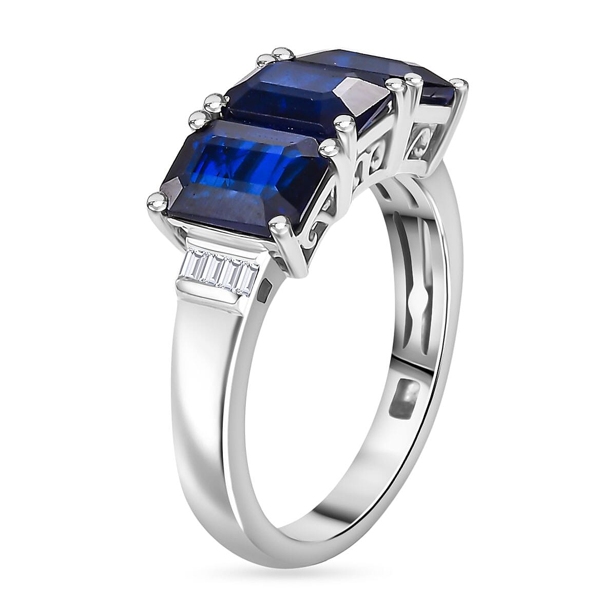 Premium Vietnamese Cobalt Blue Spinel & White Diamond 3 Stone Ring in Rhodium Overlay Sterling Silver 3.37 Ct.