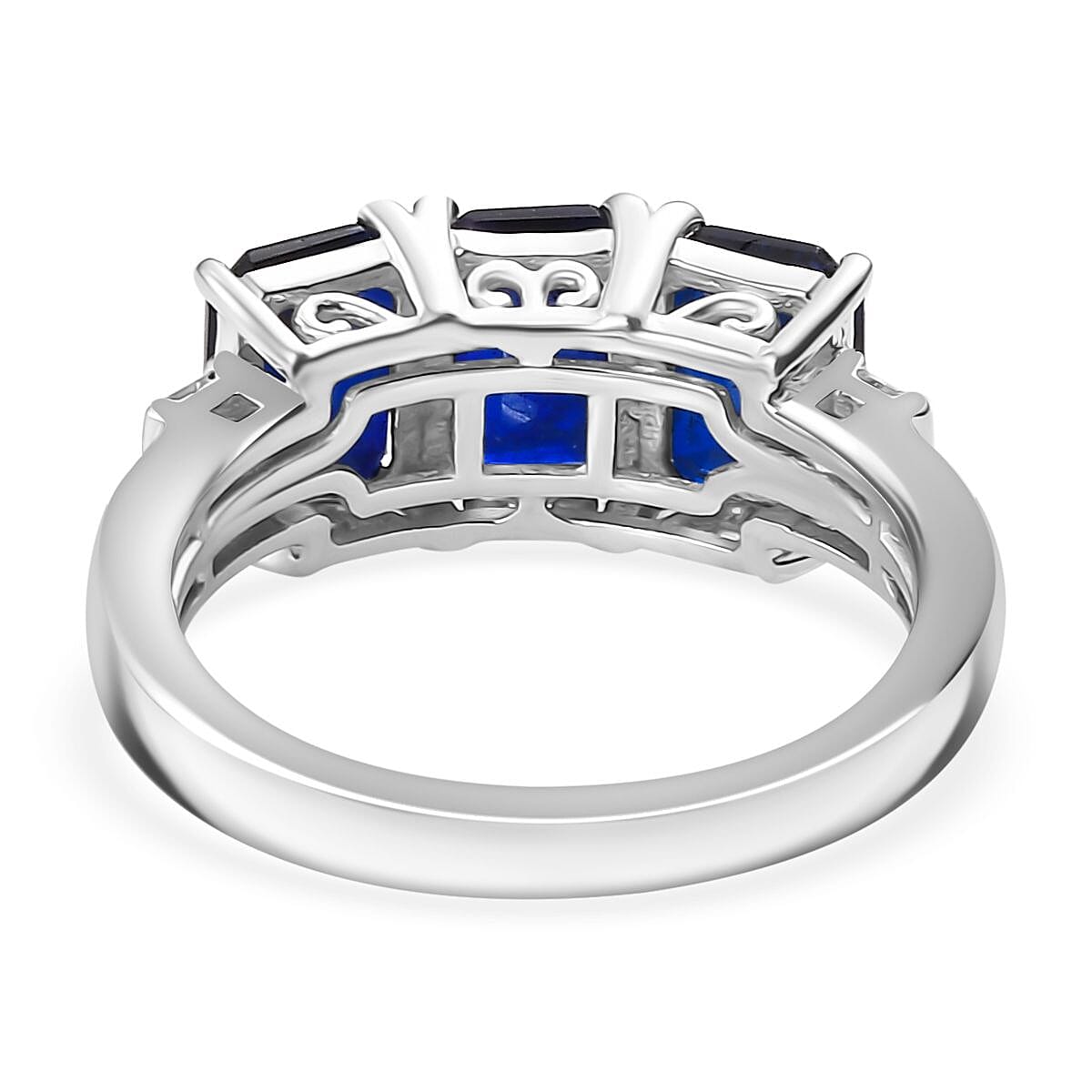 Premium Vietnamese Cobalt Blue Spinel & White Diamond 3 Stone Ring in Rhodium Overlay Sterling Silver 3.37 Ct.