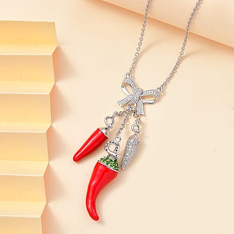GP Chilli Pepper Collection - Natural Chrome Diopside, White Zircon Necklace With Lobster Clasp (Size - 20) in Rhodium Overlay Sterling Silver 2.05 Ct.
