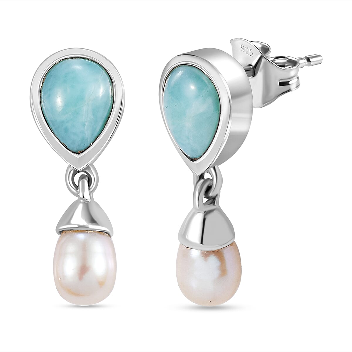 Natural Teal Green Larimar & Fresh Water Pearl Solitaire Stud Earrings with Push Back in Rhodium Overlay Sterling Silver 5.28 Ct.