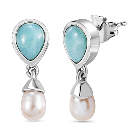 Natural Green Larimar &  Fresh Water Pearl Solitaire Stud Push Post Earring in Rhodium Overlay Sterling Silver 5.28 Ct.