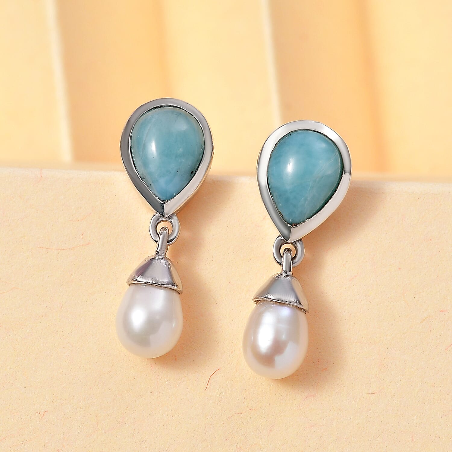 Natural Teal Green Larimar & Fresh Water Pearl Solitaire Stud Earrings with Push Back in Rhodium Overlay Sterling Silver 5.28 Ct.