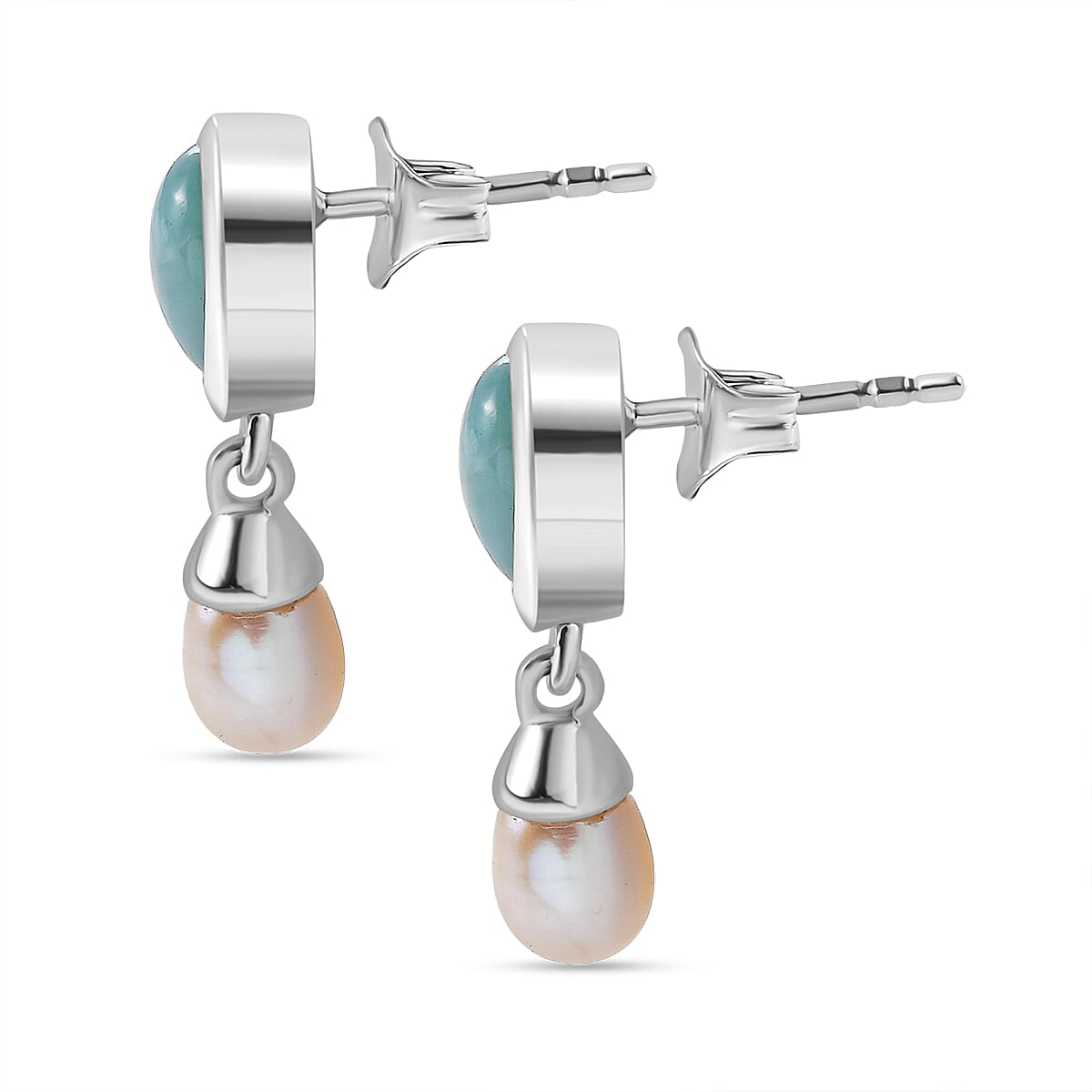 Natural Teal Green Larimar & Fresh Water Pearl Solitaire Stud Earrings with Push Back in Rhodium Overlay Sterling Silver 5.28 Ct.