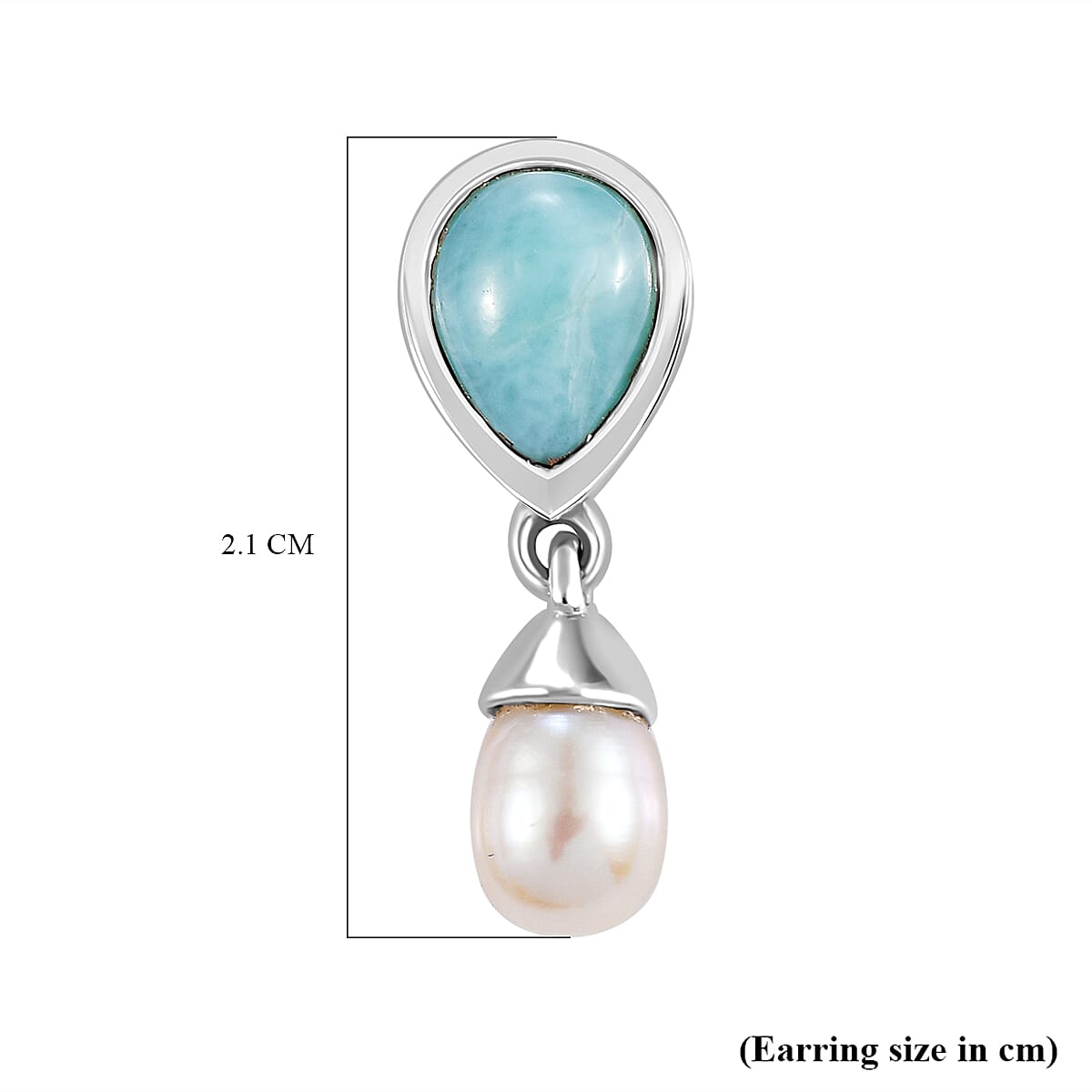 Natural Teal Green Larimar & Fresh Water Pearl Solitaire Stud Earrings with Push Back in Rhodium Overlay Sterling Silver 5.28 Ct.