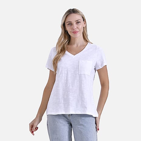 La Marey 100% Cotton Short Sleeve V-Neck Top with Pocket (Size M) - White