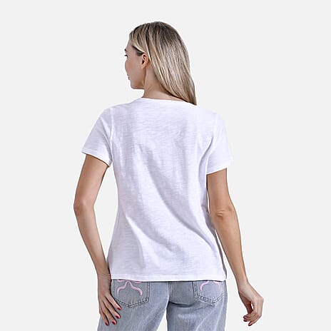 La Marey 100% Cotton Short Sleeve V-Neck Top with Pocket (Size M) - White