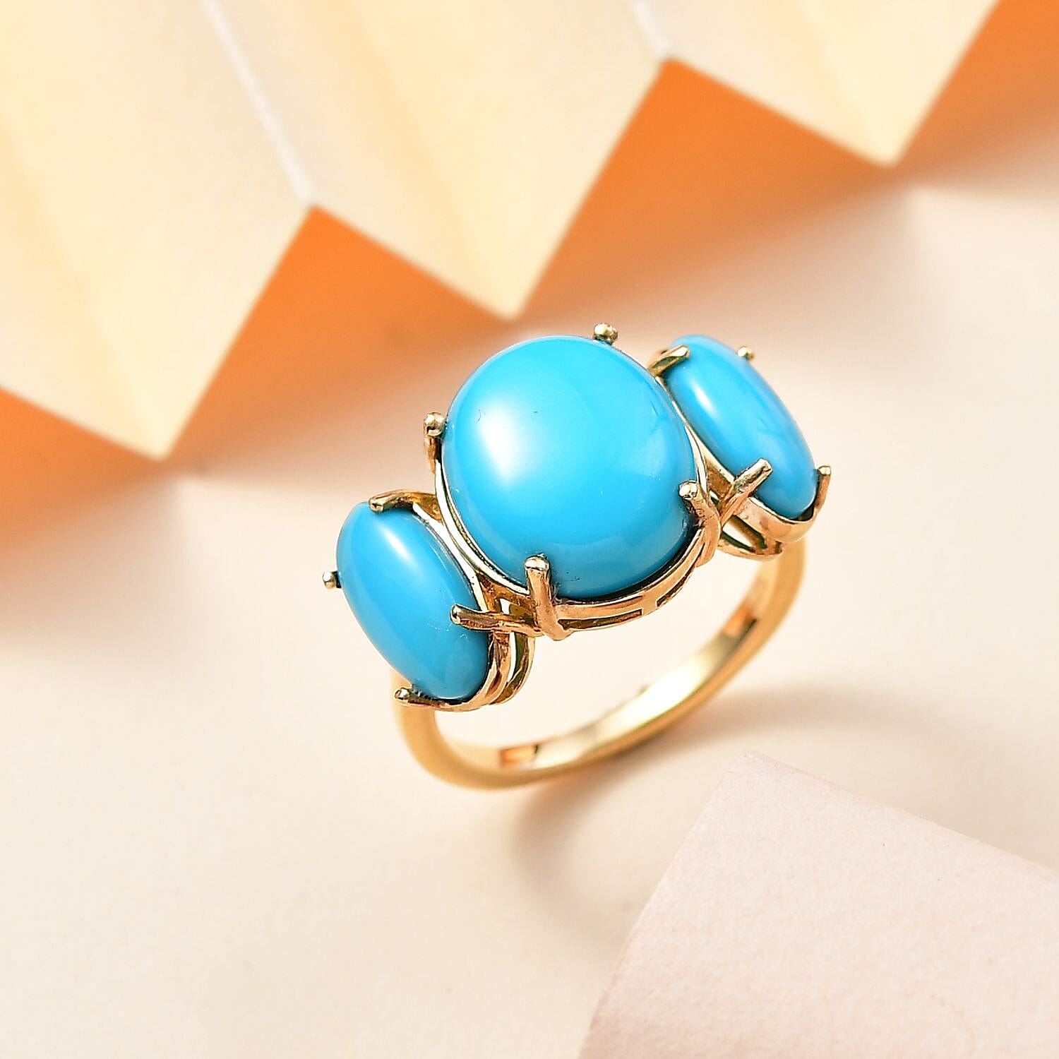 Extremely Rare Size AAA Sleeping Beauty Turquoise Solitaire Ring in 18K Vermeil Yellow Gold Plated Sterling Silver 6.60 Ct.