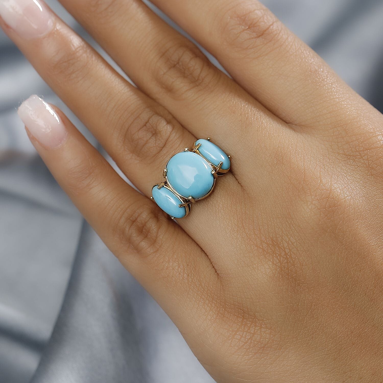 Extremely Rare Size AAA Sleeping Beauty Turquoise Solitaire Ring in 18K Vermeil Yellow Gold Plated Sterling Silver 6.60 Ct.