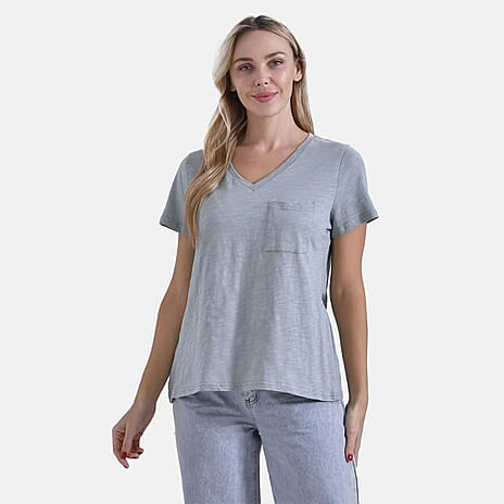La Marey 100% Cotton Short Sleeve V-Neck Top with Pocket (Size L) - Light Pistachio