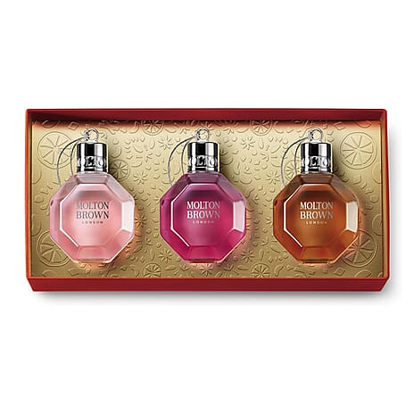 Biggest Christmas Offer 2024 -Molton Brown Festive Bauble Collection - Delicious Rhubarb & Rose, Fiery Pink Pepper, Re-charge Black Pepper Bath & Shower Gels - 75ML Each