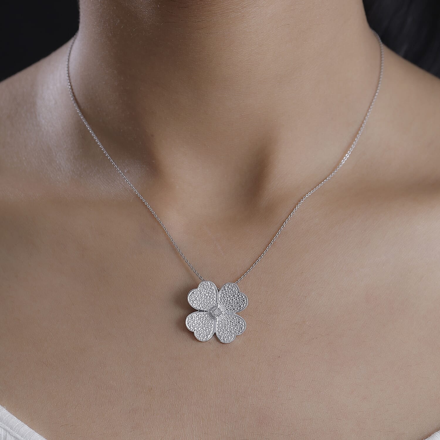 Designer Closeout Deal - Natural Diamond Floral Pendant in White Tone