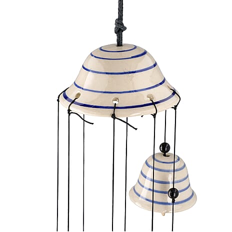 Blue Stripes Printed Ceramic Hanging 8 bells Wind Chime in Gift Box