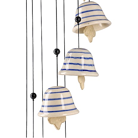 Blue Stripes Printed Ceramic Hanging 8 bells Wind Chime in Gift Box
