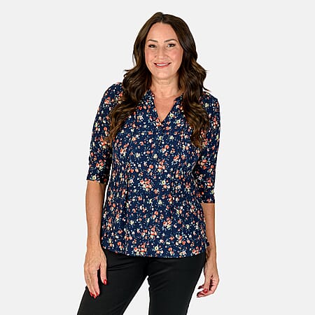 Classic 3-4 Sleeve Printed Pintuck Mandarin Collar Blouse (Size 12) - Navy