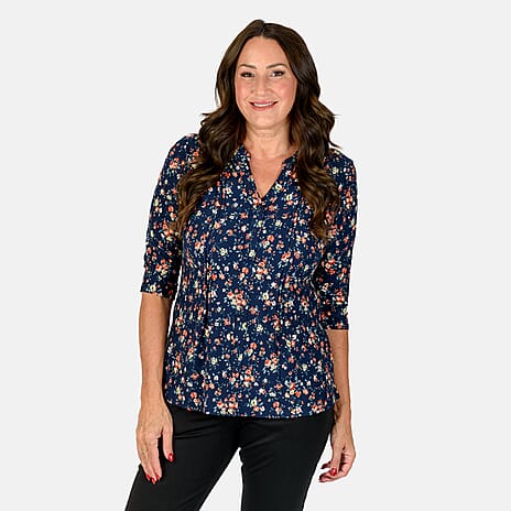 Classic 3-4 Sleeve Printed Pintuck Mandarin Collar Blouse (Size 12) - Navy