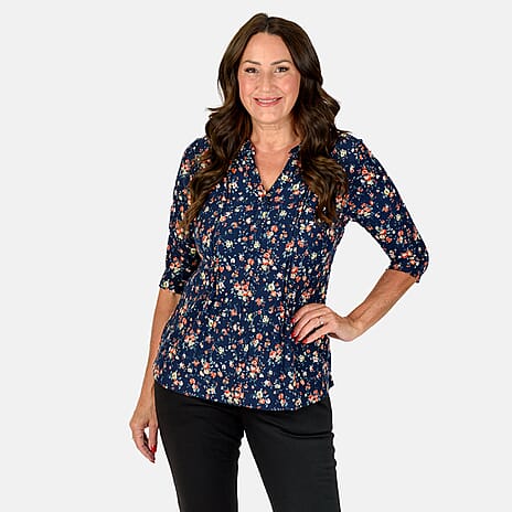 Classic 3-4 Sleeve Printed Pintuck Mandarin Collar Blouse (Size 12) - Navy