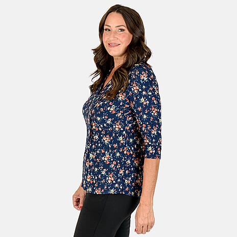 Classic 3-4 Sleeve Printed Pintuck Mandarin Collar Blouse (Size 12) - Navy