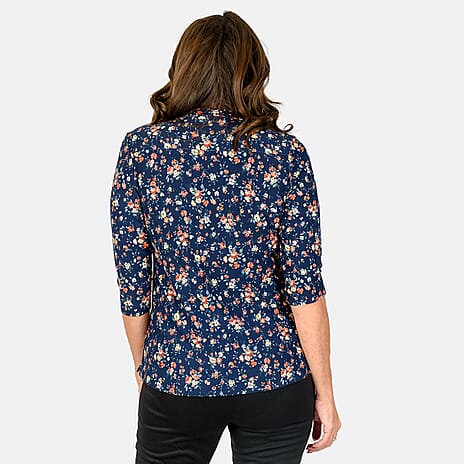 Classic 3-4 Sleeve Printed Pintuck Mandarin Collar Blouse (Size 12) - Navy