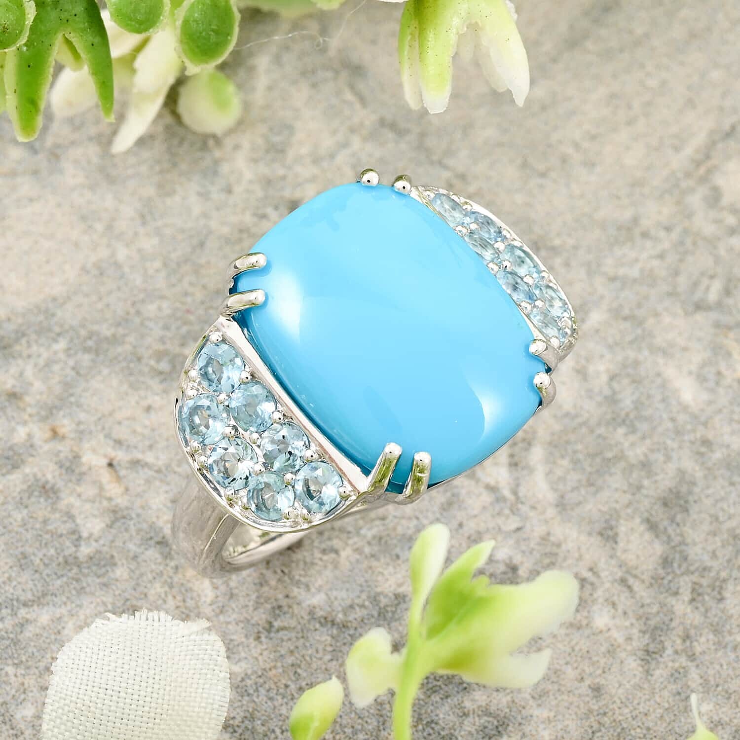 Luxoro  10K White Gold  AAA   Sleeping Beauty Turquoise ,  Santamaria Aquamarine  Ring 8.50 pc,  Gold Wt. 5.31 Gms  8.500  Ct.