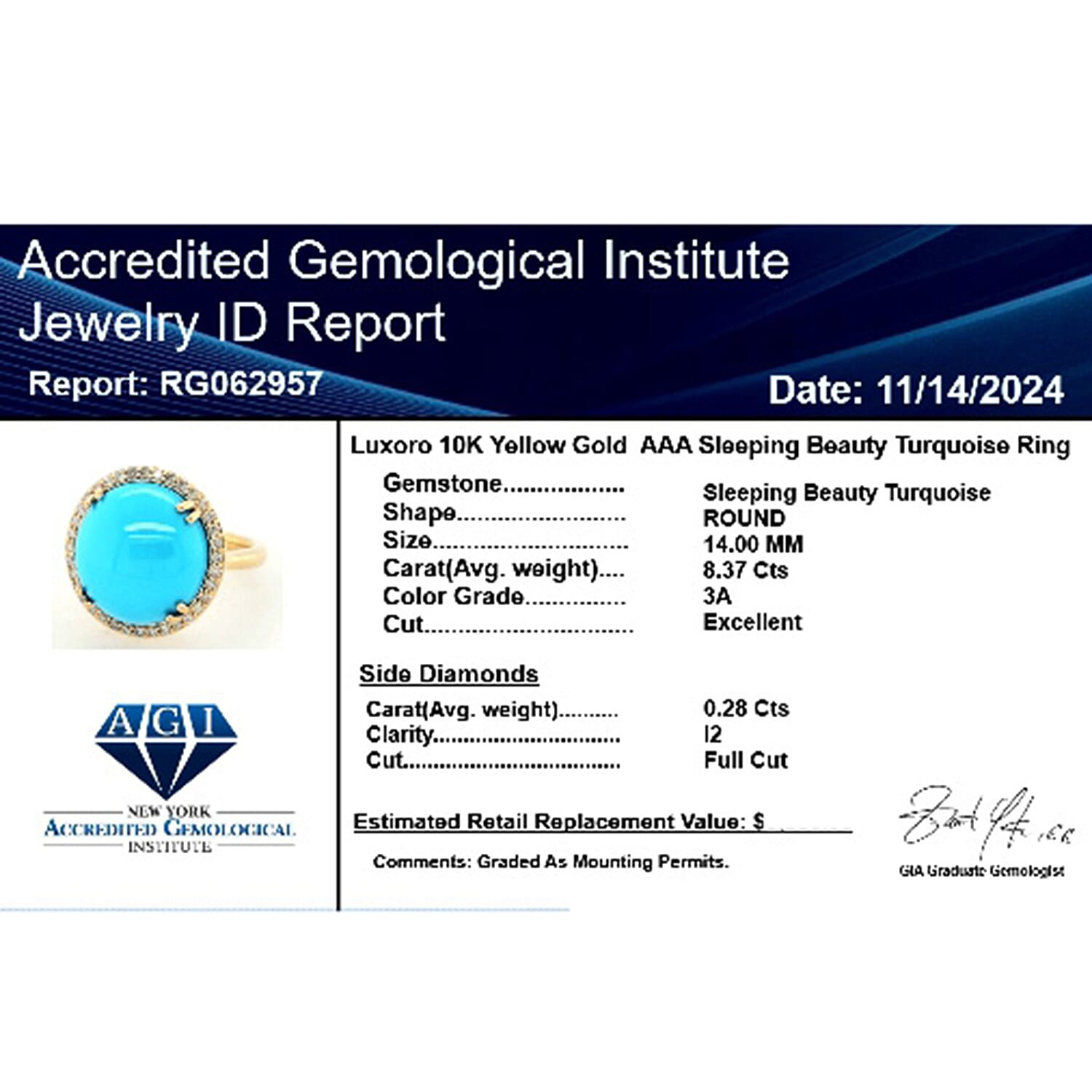 Luxoro  10K Yellow Gold  AAA   Sleeping Beauty Turquoise ,  White Diamond  I2 Ring 8.65 pc,  Gold Wt. 4.3 Gms  8.650  Ct.