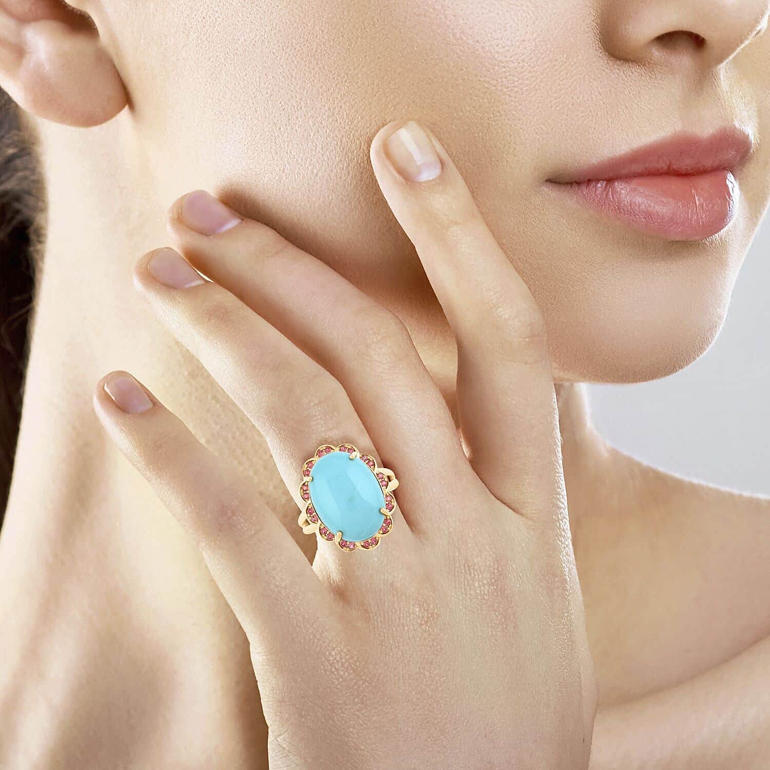 Luxoro  10K Yellow Gold  AAA   Sleeping Beauty Turquoise ,  White Diamond  I2 Ring 9.75 pc,  Gold Wt. 6.15 Gms  9.750  Ct.