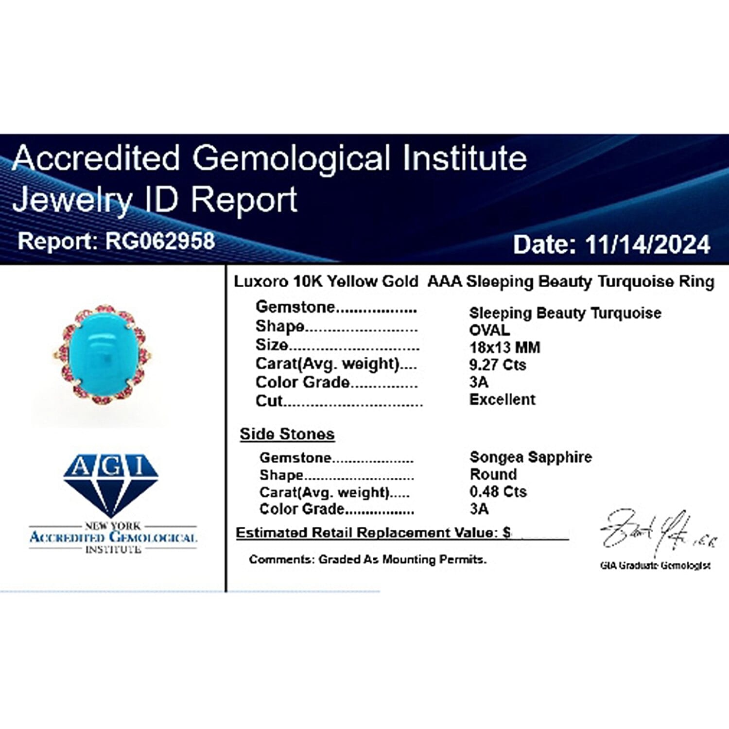 Luxoro  10K Yellow Gold  AAA   Sleeping Beauty Turquoise ,  White Diamond  I2 Ring 9.75 pc,  Gold Wt. 6.15 Gms  9.750  Ct.