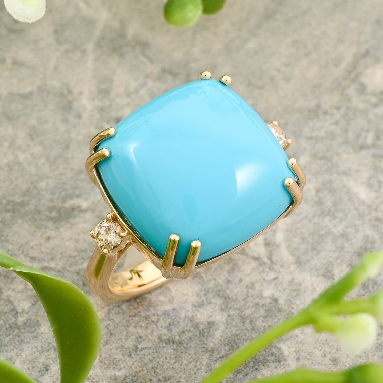 Luxoro  10K Yellow Gold  AAA   Sleeping Beauty Turquoise ,  White Diamond  I2 Ring 10.65 pc,  Gold Wt. 4.6 Gms  10.650  Ct.