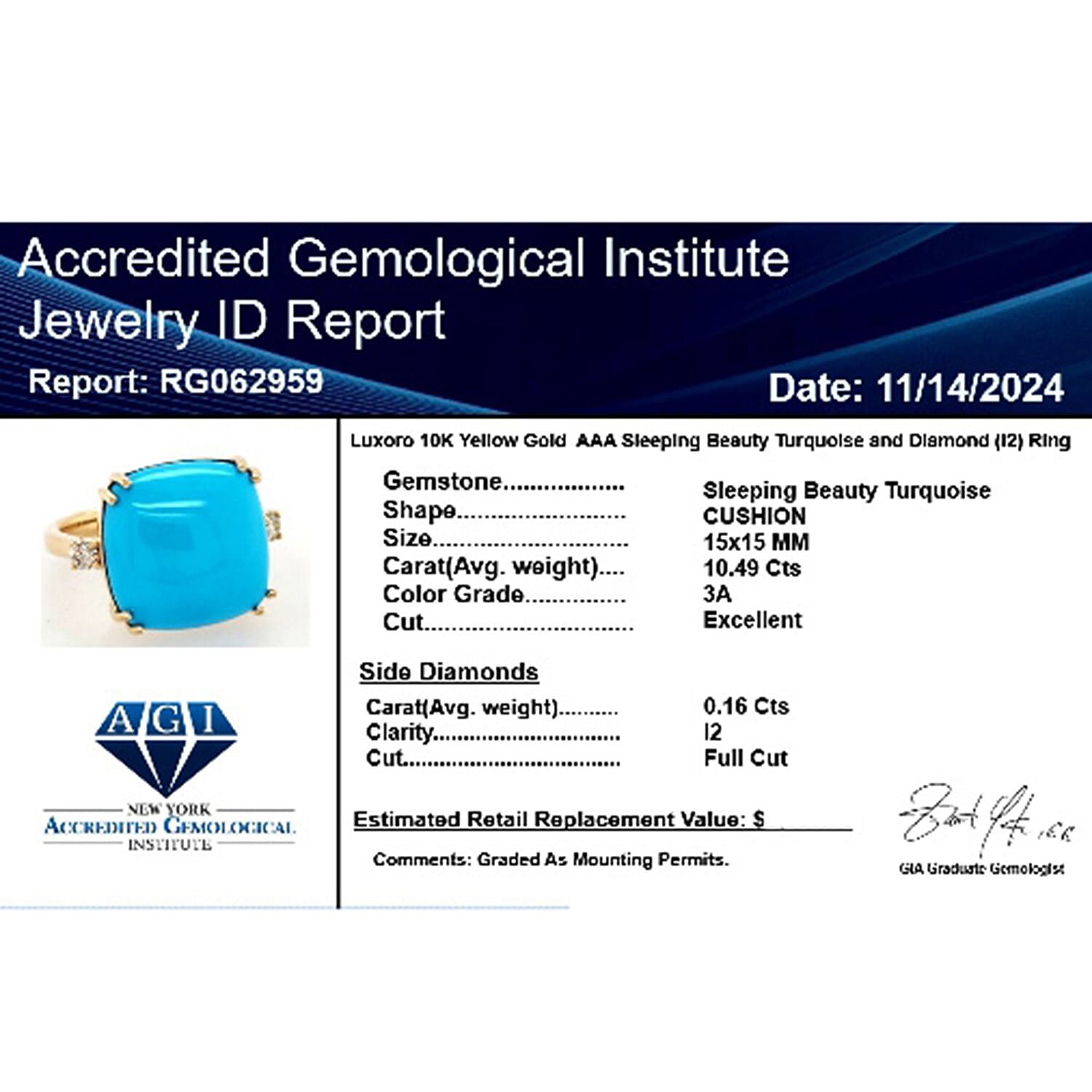 Luxoro  10K Yellow Gold  AAA   Sleeping Beauty Turquoise ,  White Diamond  I2 Ring 10.65 pc,  Gold Wt. 4.6 Gms  10.650  Ct.