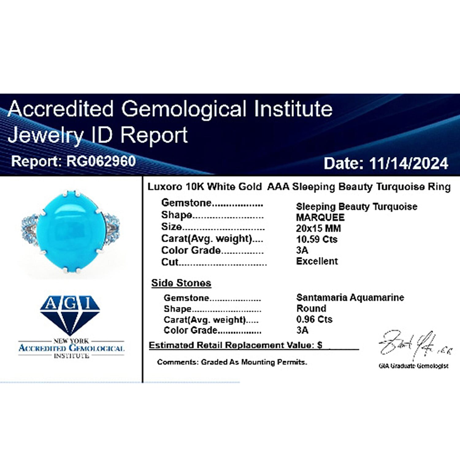 Luxoro  10K White Gold  AAA   Sleeping Beauty Turquoise ,  Santamaria Aquamarine  Ring 11.55 pc,  Gold Wt. 5.1 Gms  11.550  Ct.