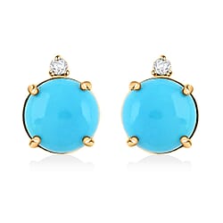 Appraised and Certified 4 Ct. Sleeping Beauty Turquoise, Diamond Stud Earrings in 9K Yellow Gold