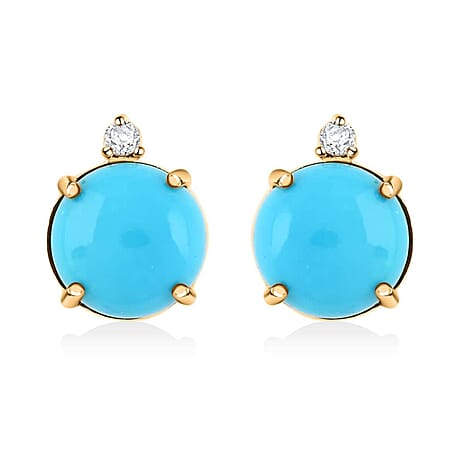 Luxoro 9K Yellow Gold AAA Sleeping Beauty Turquoise, White Diamond (I2-G-H) AGI Certified Earring with Push Back 4.00 Ct.