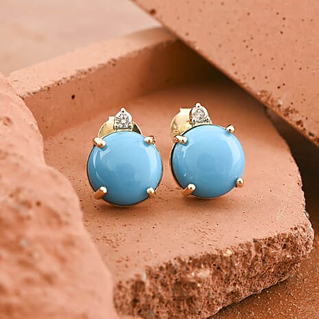Luxoro 9K Yellow Gold AAA Sleeping Beauty Turquoise, White Diamond (I2-G-H) AGI Certified Earring with Push Back 4.00 Ct.