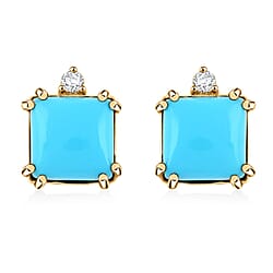 Appraised and Certified 4 Ct. Sleeping Beauty Turquoise, Diamond Stud Earrings in 9K Yellow Gold