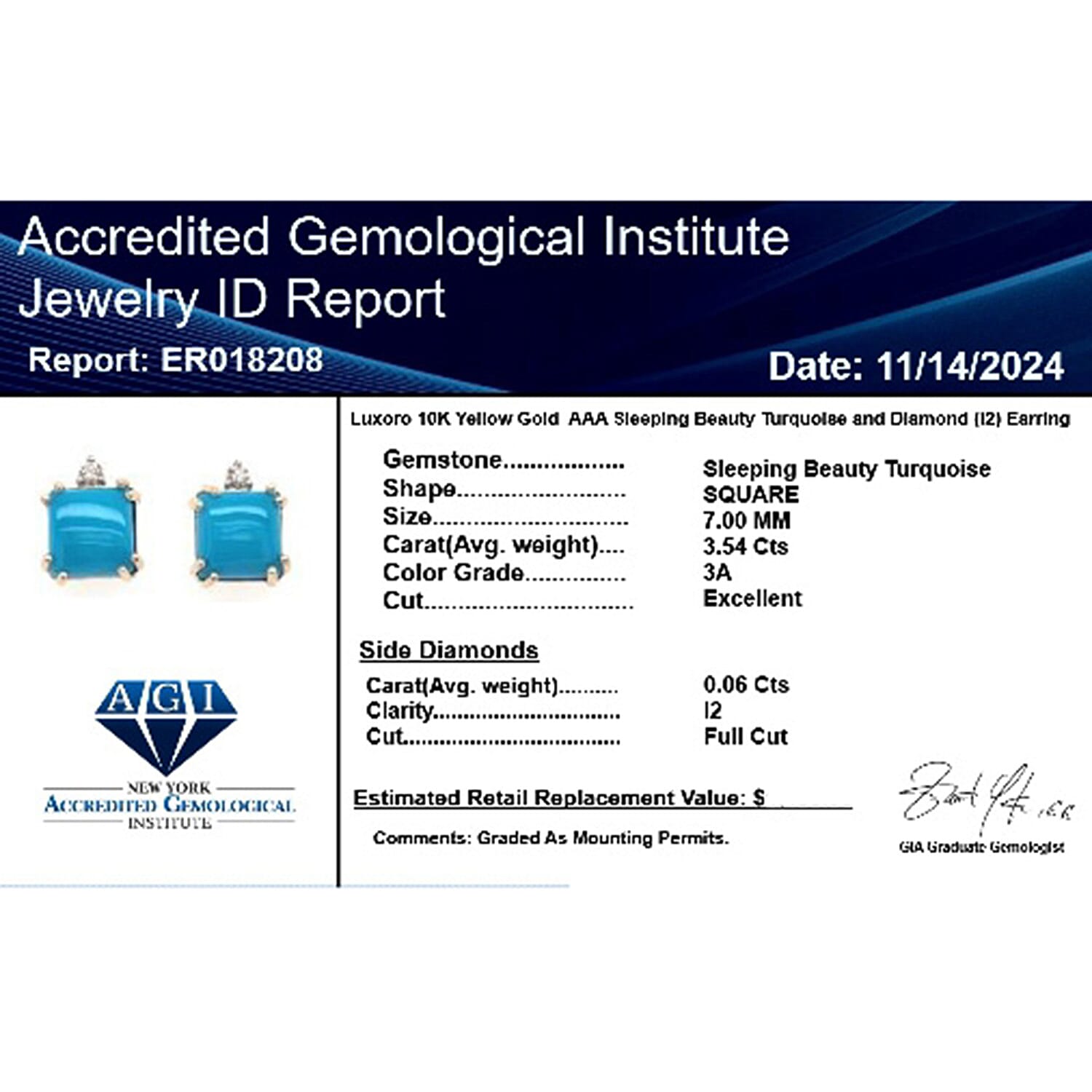 Luxoro  10K Yellow Gold  AAA   Sleeping Beauty Turquoise ,  White Diamond  I2 Earring 3.60 ct,  Gold Wt. 1.59 Gms  3.600  Ct.