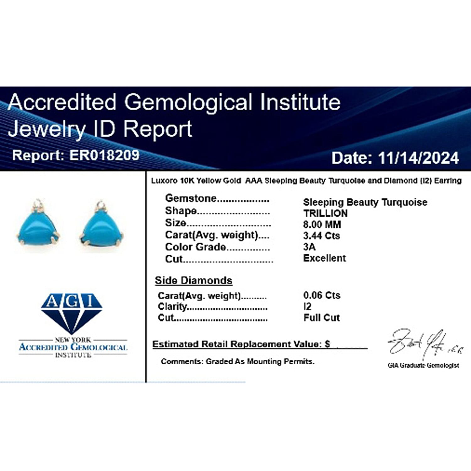 Luxoro  10K Yellow Gold  AAA   Sleeping Beauty Turquoise ,  White Diamond  I2 Earring 3.50 ct,  Gold Wt. 1.57 Gms  3.500  Ct.