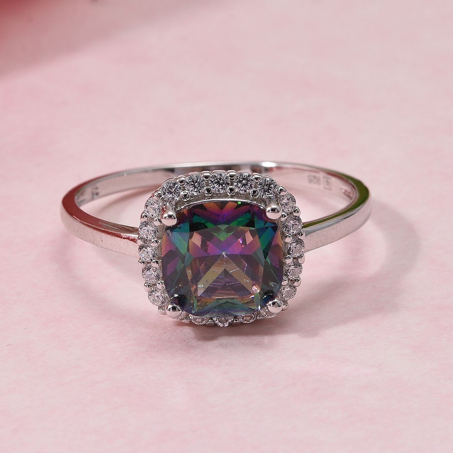 Mystic Topaz Cubic Zirconia, White Cubic Zirconia Ring in Rhodium Overlay Sterling Silver 4.59 Ct.