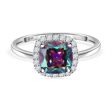 Mystic Topaz Cubic Zirconia, White Cubic Zirconia Halo Ring in Rhodium Overlay Sterling Silver 4.59 ct.