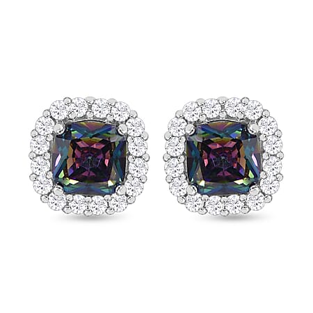 Mystic Topaz Cubic Zirconia,  White Cubic Zirconia Halo Earrings in Rhodium Overlay Sterling Silver 2.48 ct.