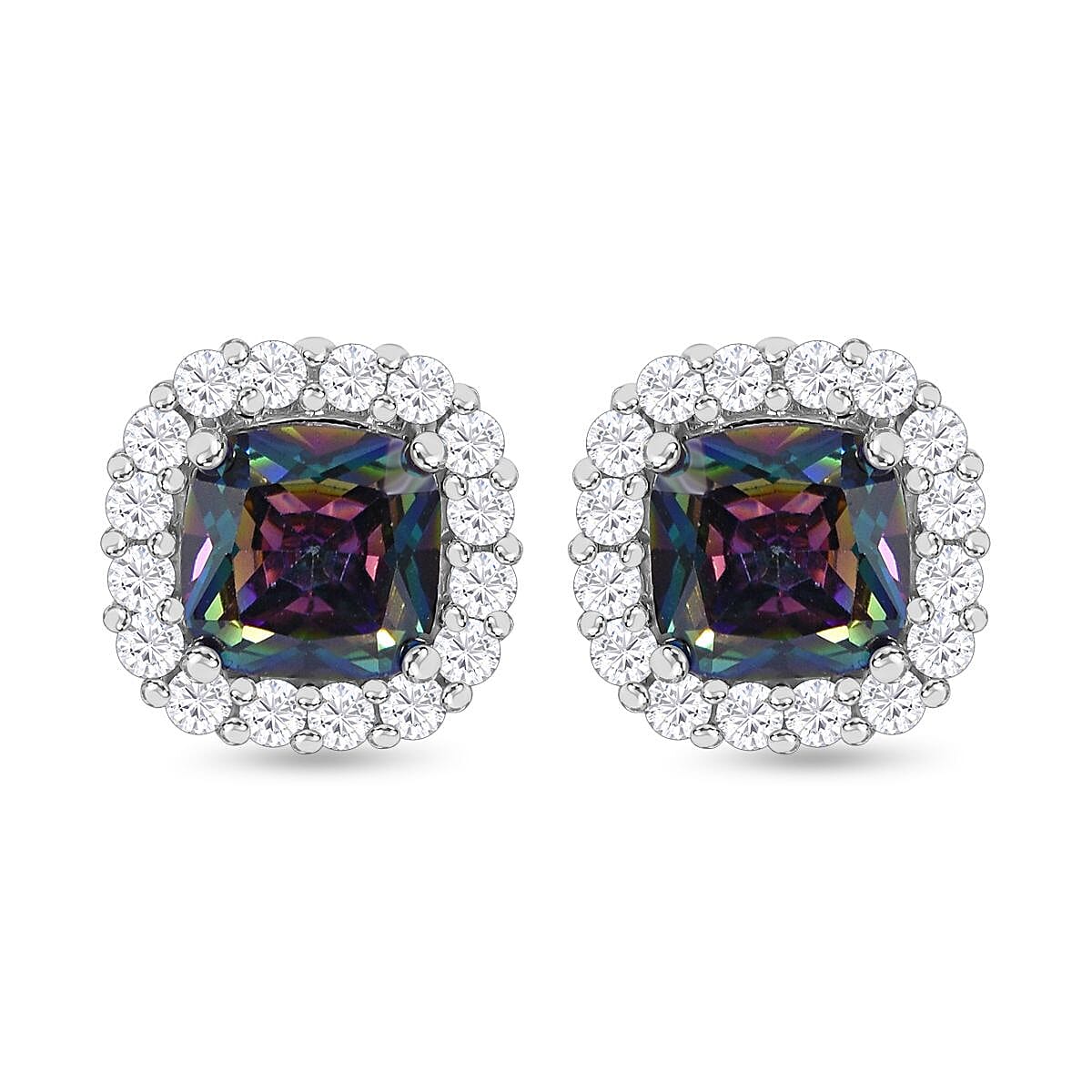 Mystic Topaz Cubic Zirconia, White Cubic Zirconia Earring With Push Back in Rhodium Overlay Sterling Silver