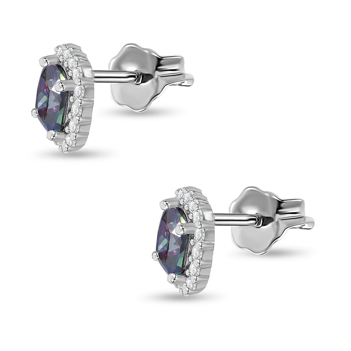 Mystic Topaz Cubic Zirconia, White Cubic Zirconia Earring With Push Back in Rhodium Overlay Sterling Silver