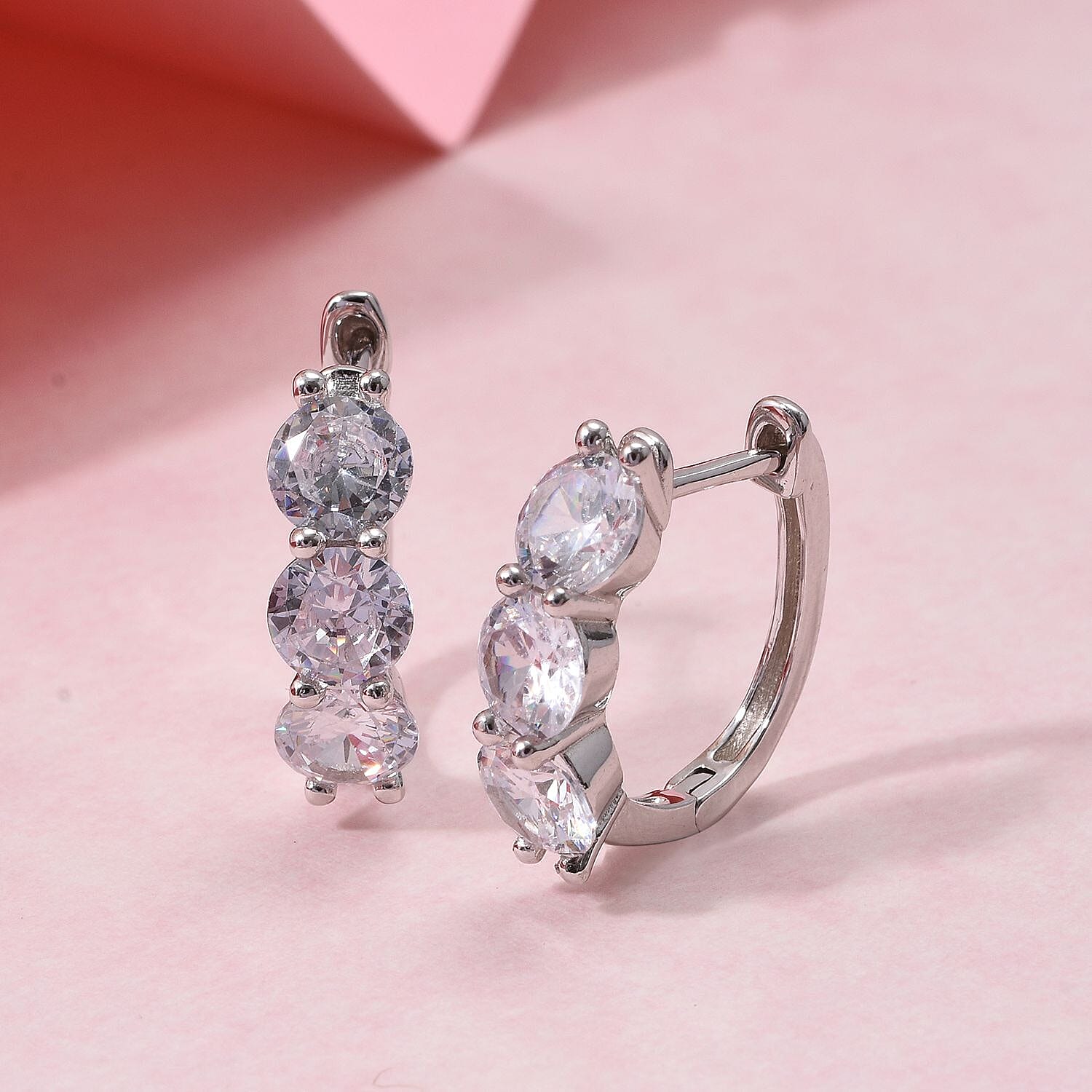 White Cubic Zirconia Hoop Earrings in Rhodium Overlay Sterling Silver 5.55 Ct.