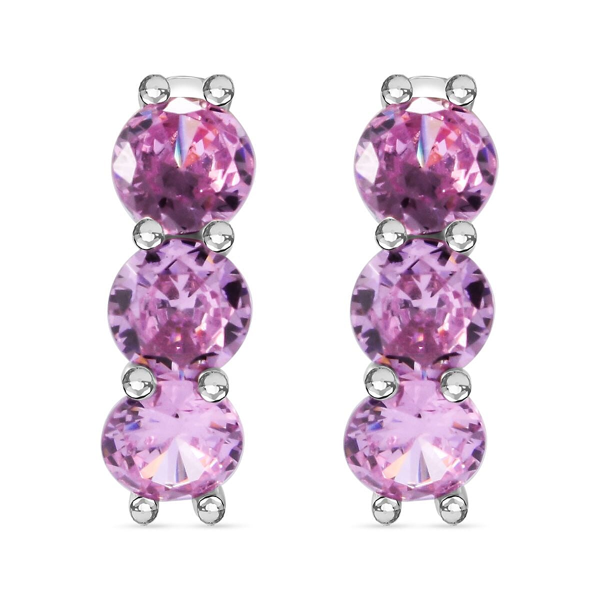 Pink Cubic Zirconia Hoop Earring in Rhodium Overlay Sterling Silver