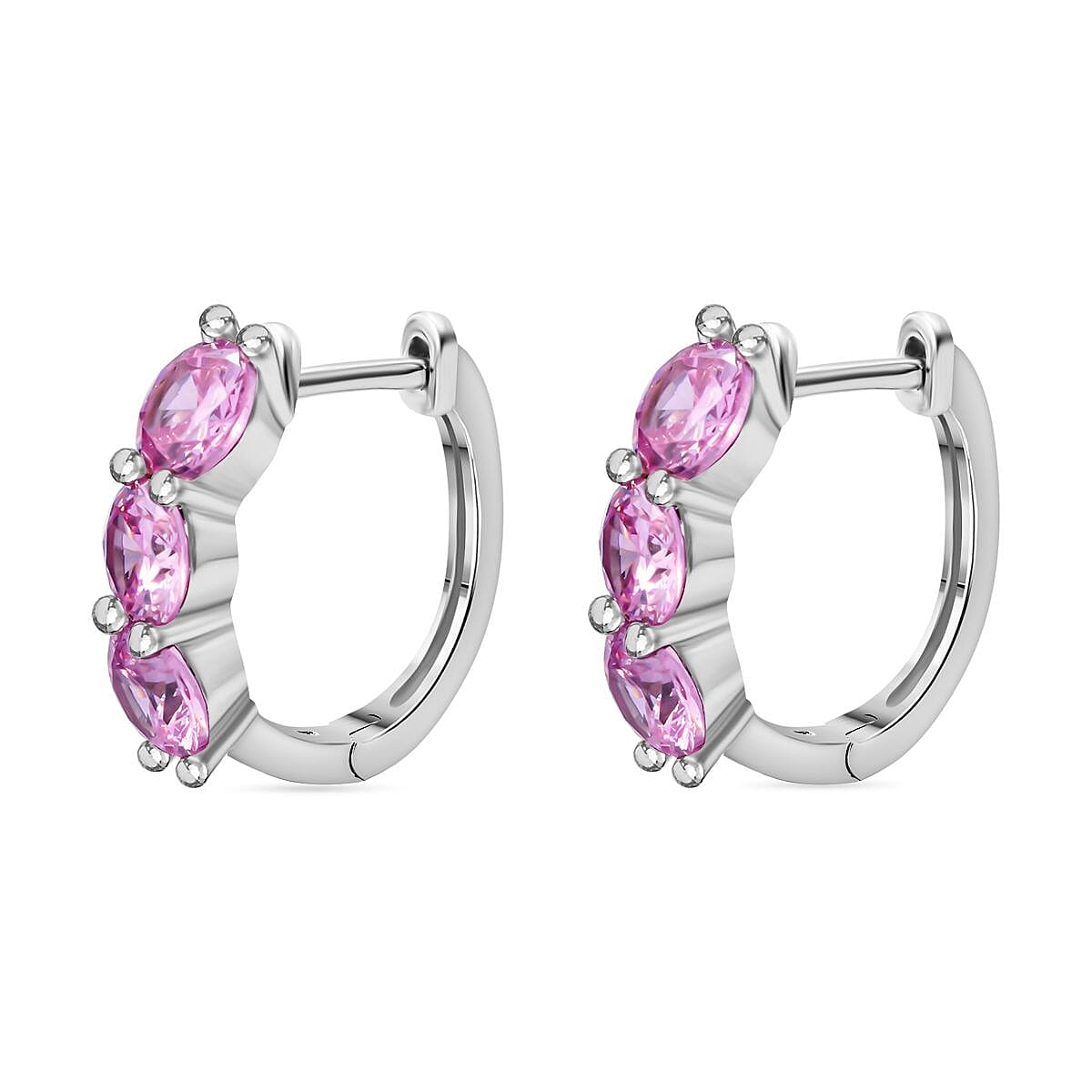 Pink Cubic Zirconia Hoop Earring in Rhodium Overlay Sterling Silver