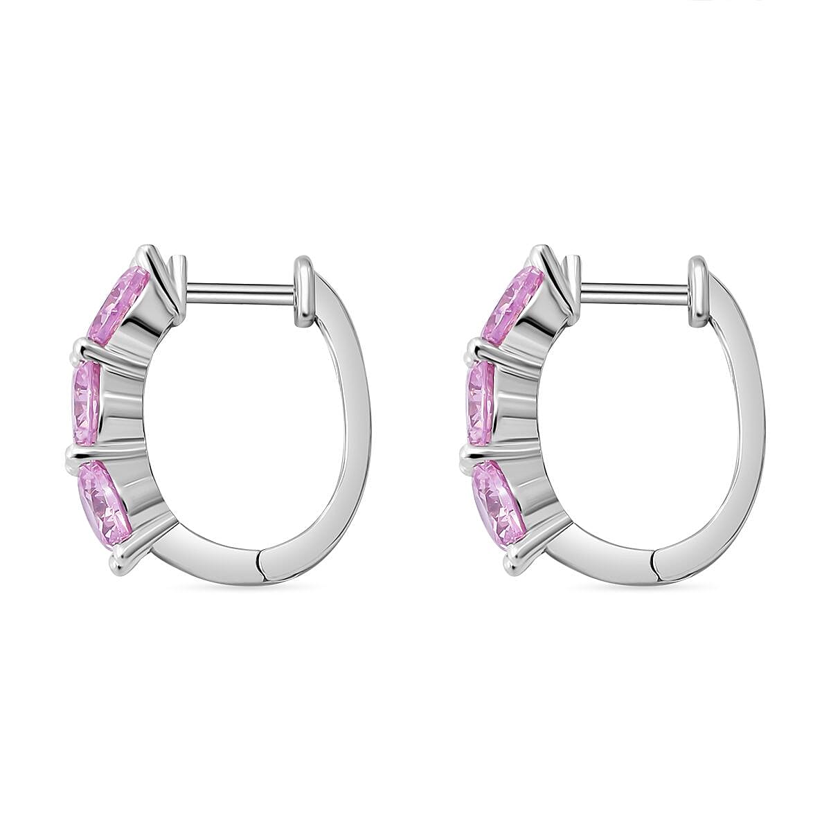 Pink Cubic Zirconia Hoop Earring in Rhodium Overlay Sterling Silver