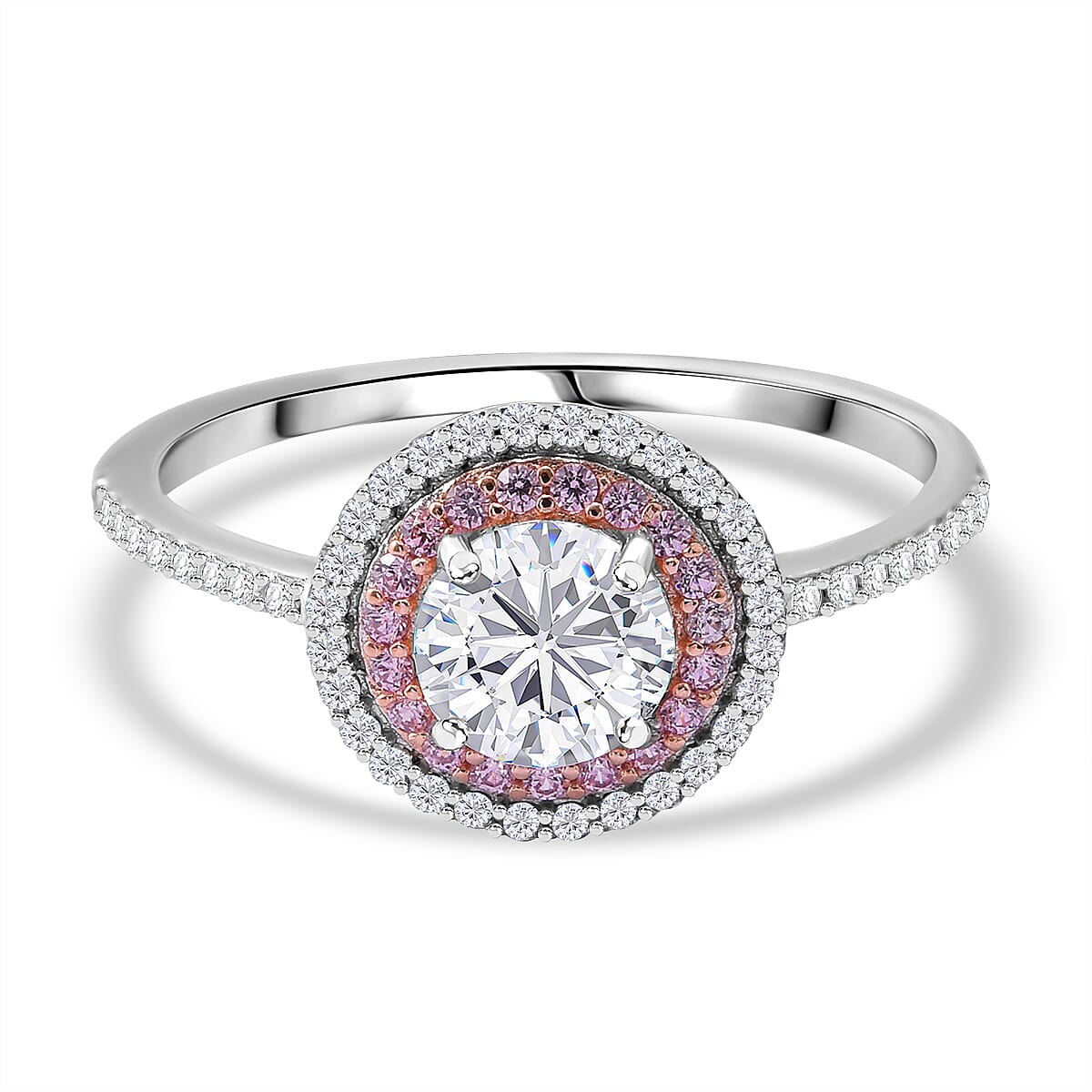 NY Closeout - White Cubic Zirconia, Pink Cubic Zirconia Ring in Rhodium & Rose Gold Overlay Sterling Silver 2.17 Ct