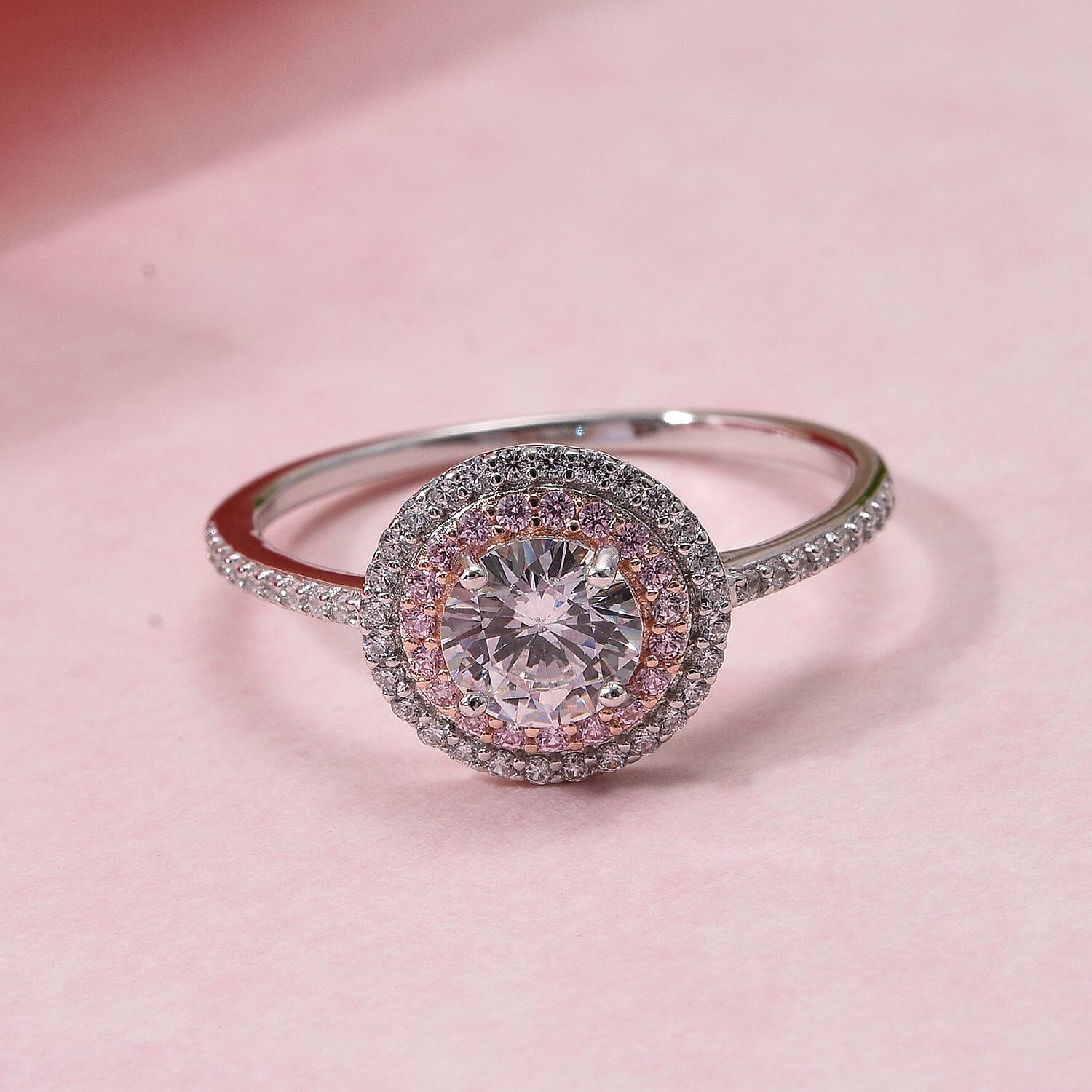 NY Closeout - White Cubic Zirconia, Pink Cubic Zirconia Ring in Rhodium & Rose Gold Overlay Sterling Silver 2.17 Ct