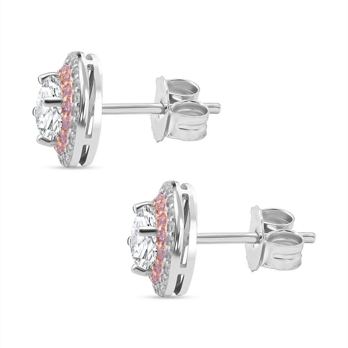 NY Closeout - White Cubic Zirconia, Pink Cubic Zirconia Earrings With Push Back in Rhodium & Rose Gold Overlay Sterling Silver 1.70 Ct.