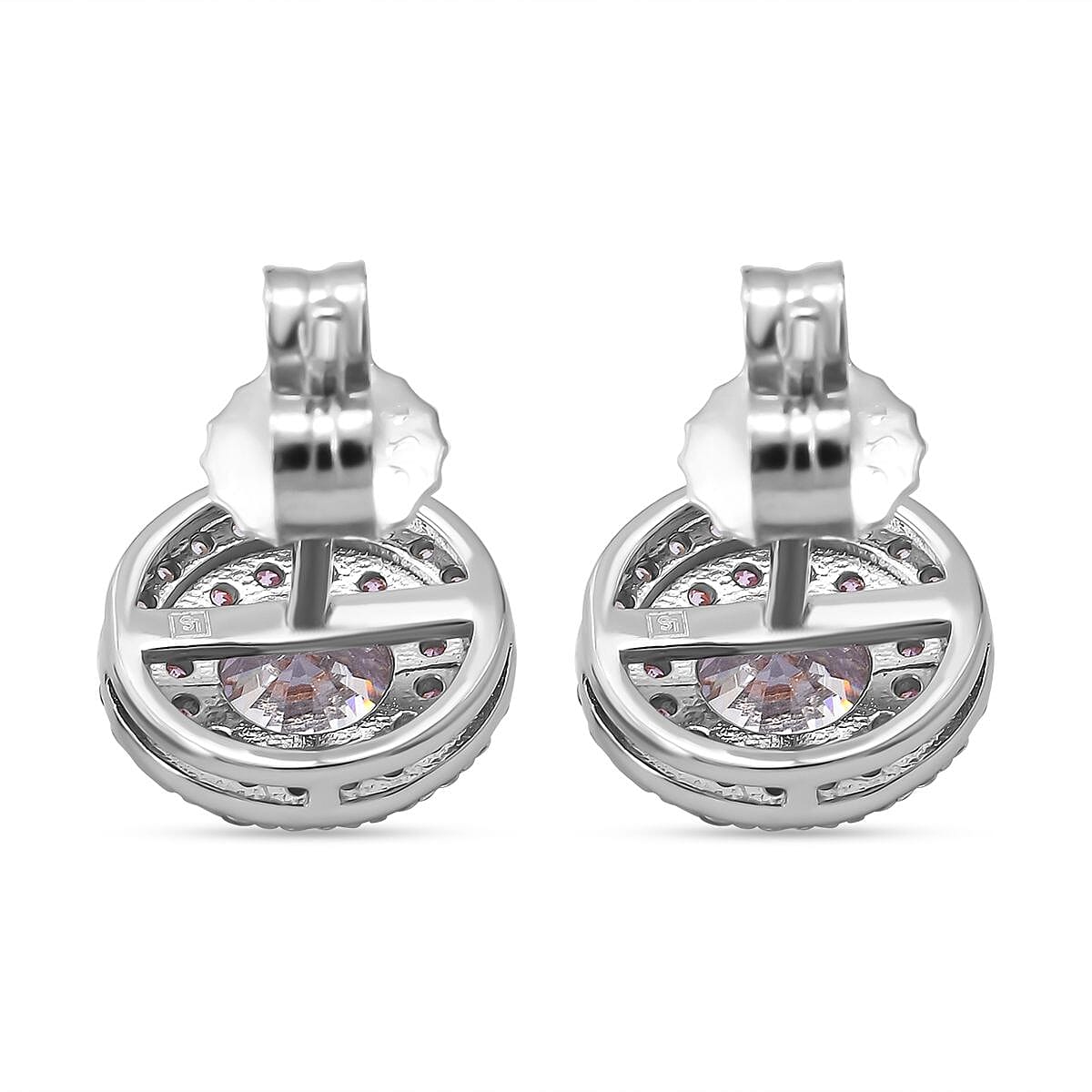 NY Closeout - White Cubic Zirconia, Pink Cubic Zirconia Earrings With Push Back in Rhodium & Rose Gold Overlay Sterling Silver 1.70 Ct.